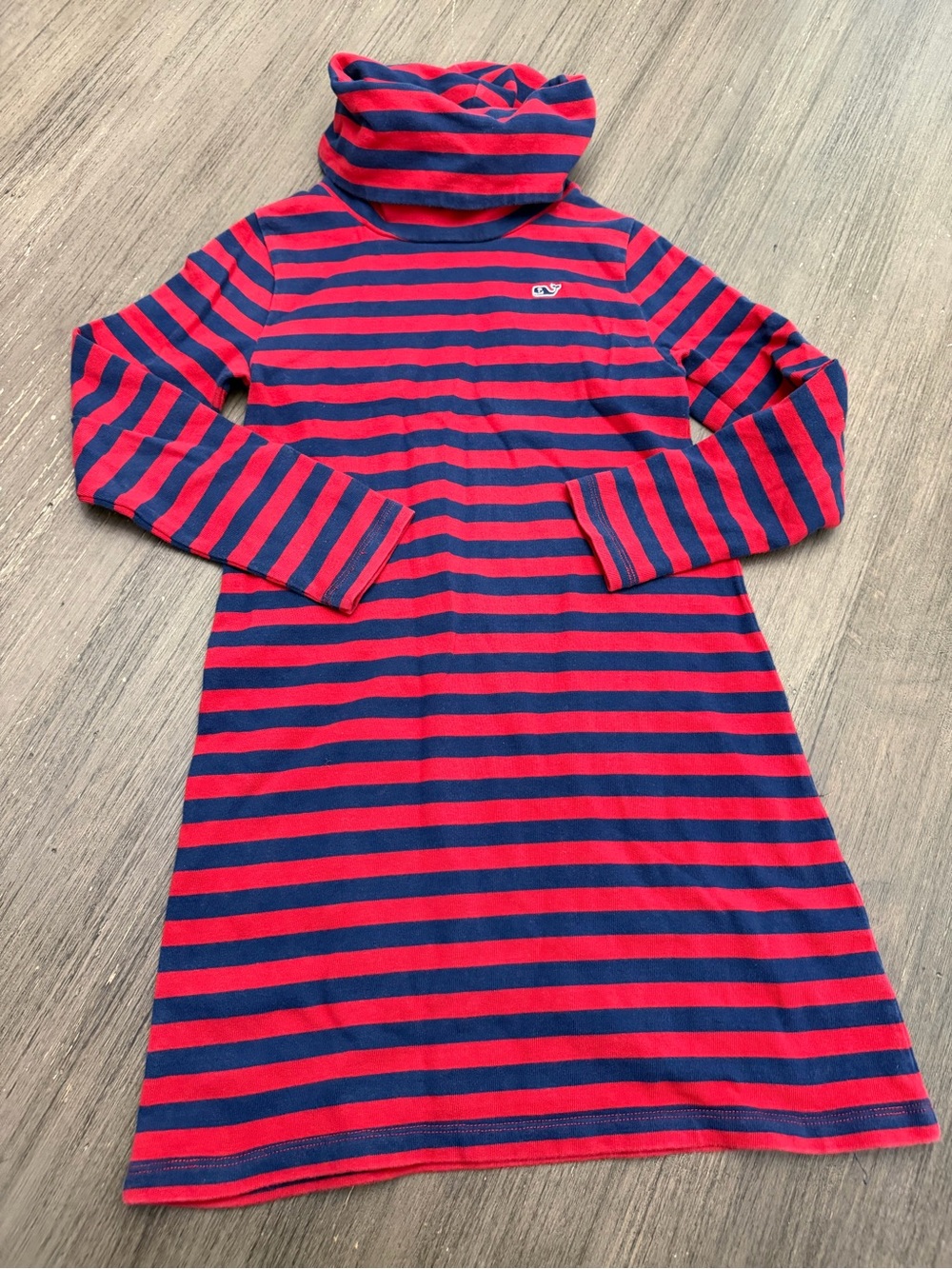 Girls Vineyard Vines Striped Turtleneck Dress in Red and Navy